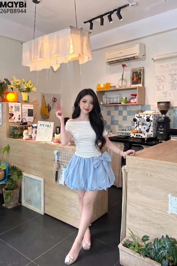 Chân Váy Bí Phồng Nữ Thắt Nơ Hông Lưng Thun