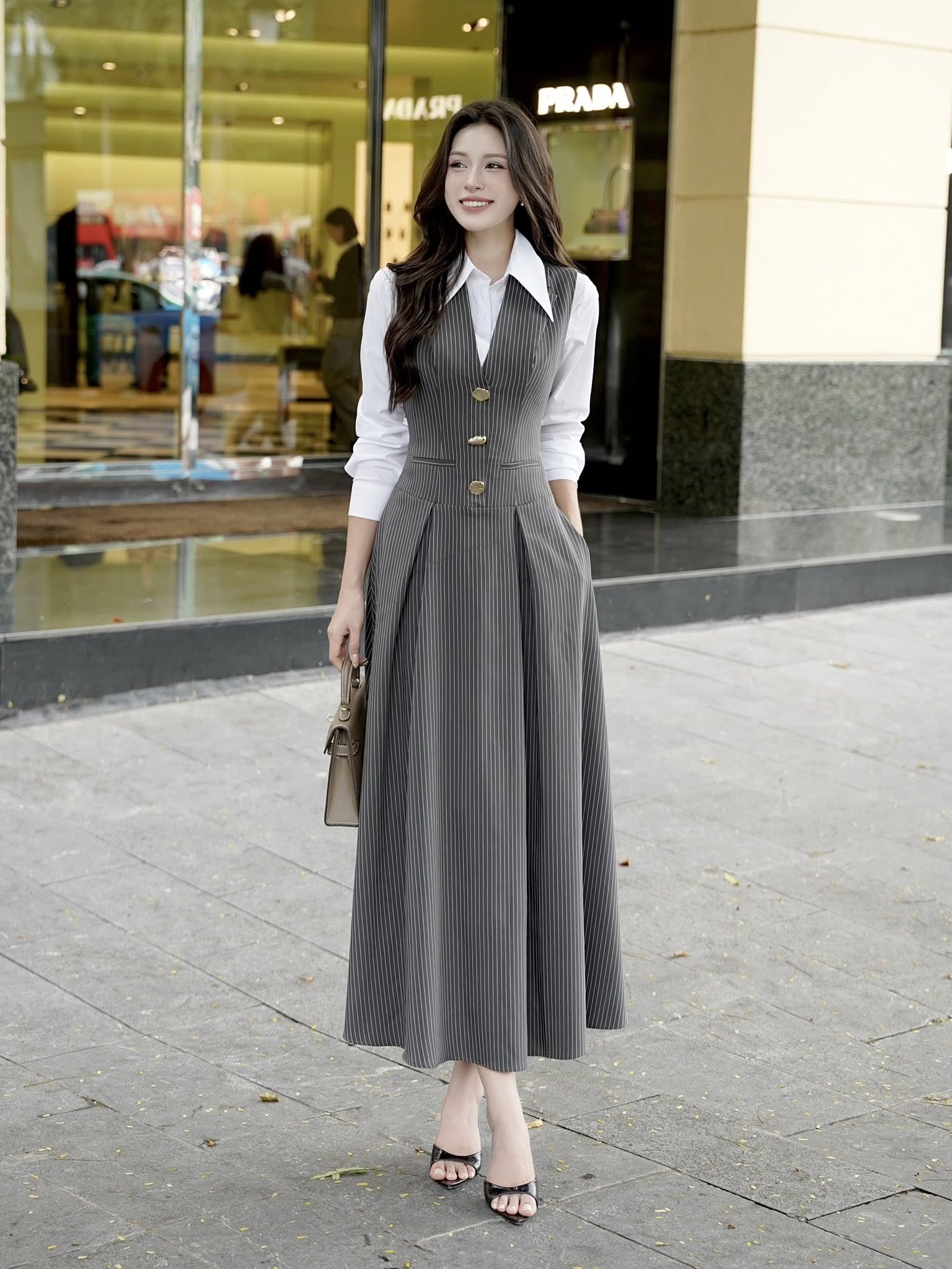 (CÓ SẴN) Set áo sơ mi phối đầm xòe dáng midi