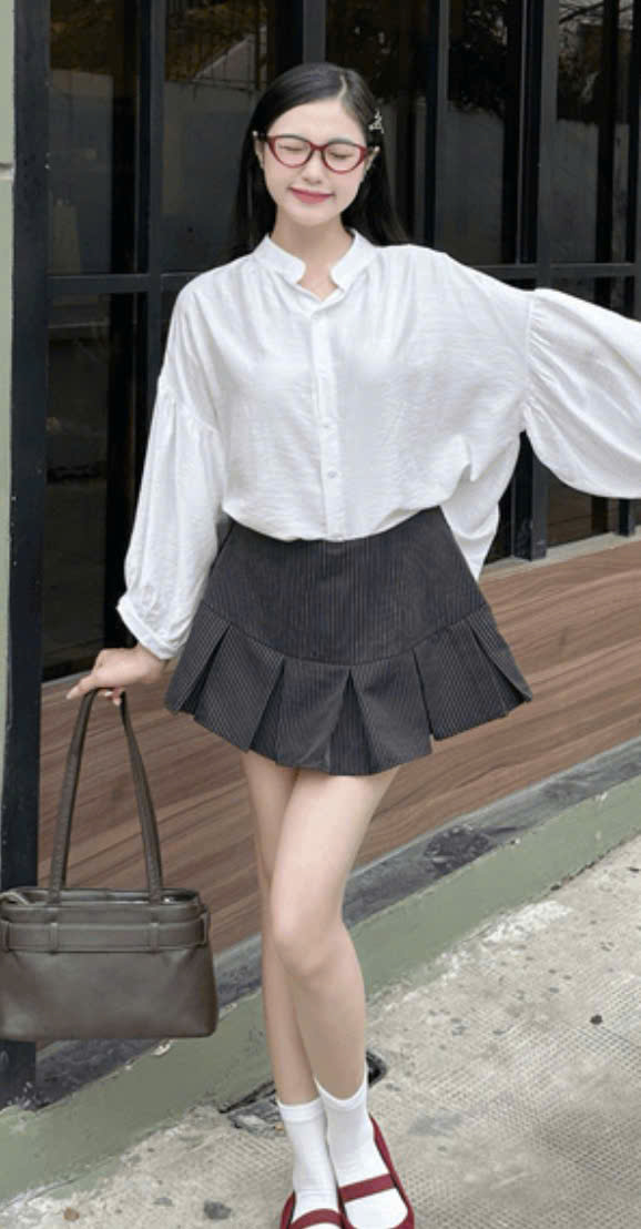 [CÓ SẴN] Set áo sơ mi kiểu tay phồng chân váy xếp ly sọc