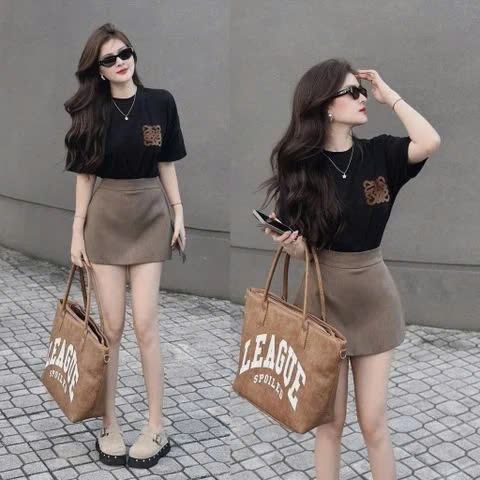 Set áo thun form rộng đen phối chân váy A dáng mini