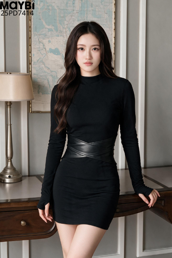 Đầm ôm eo phối da dài tay dáng mini
