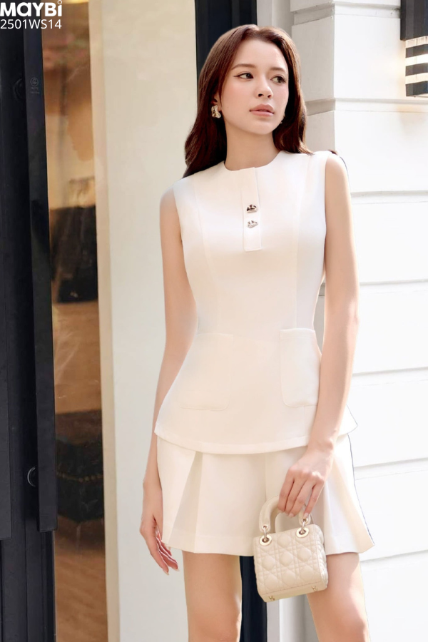 Set áo peplum cotton thái phối quần short ống rộng chiết ly trước