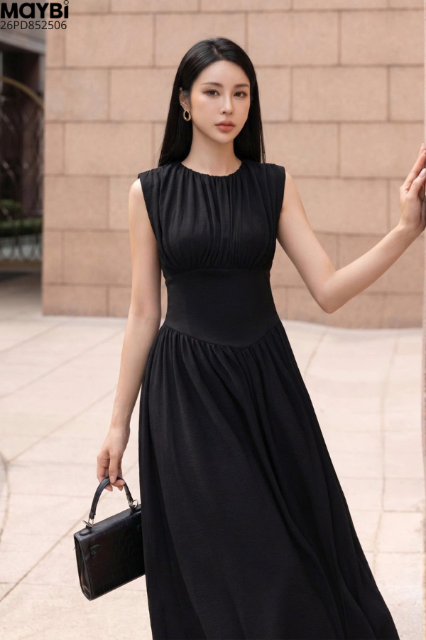 Đầm thun maxi đen nhún tùng xòe