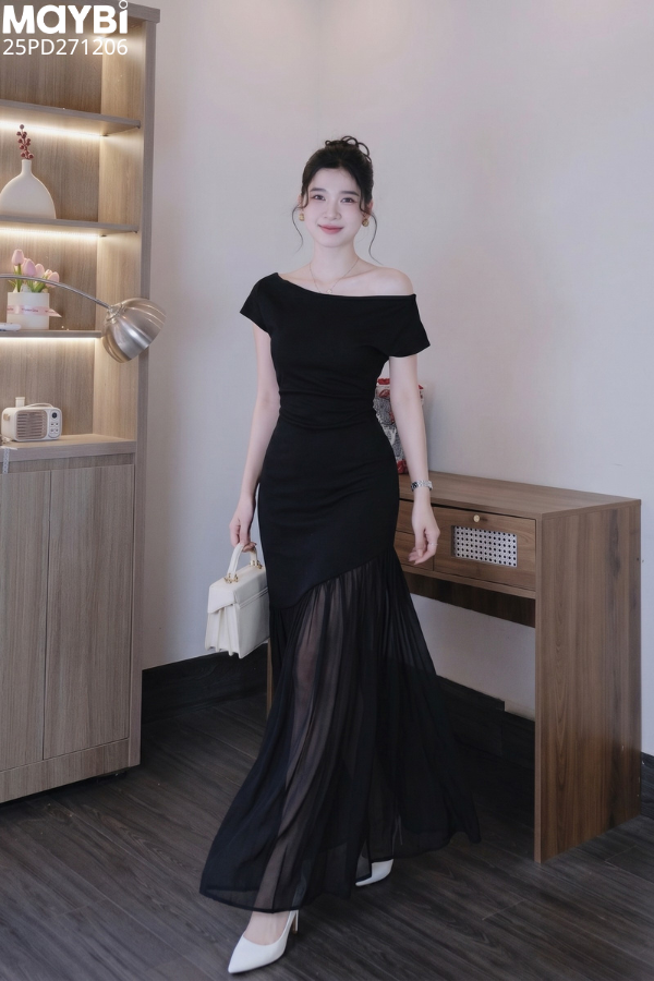 Đầm lệch vai nhún kiểu dáng maxi