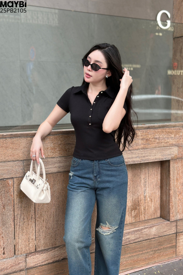 Quần jean xanh ống suông rách kiểu