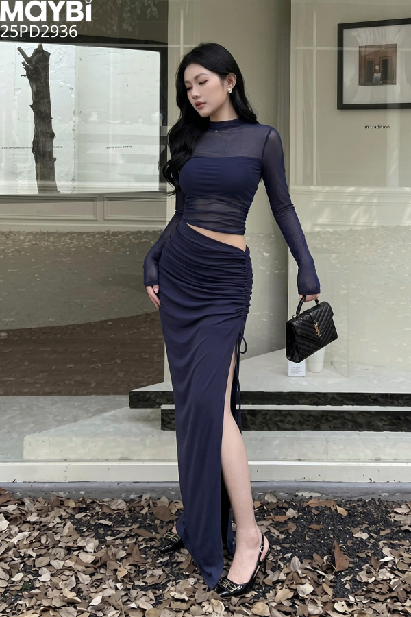 Đầm thun lưới rút dây dài tay