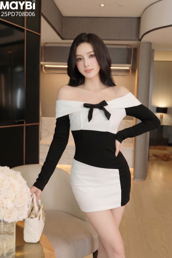 Đầm thun ôm trễ vai dài tay dáng mini