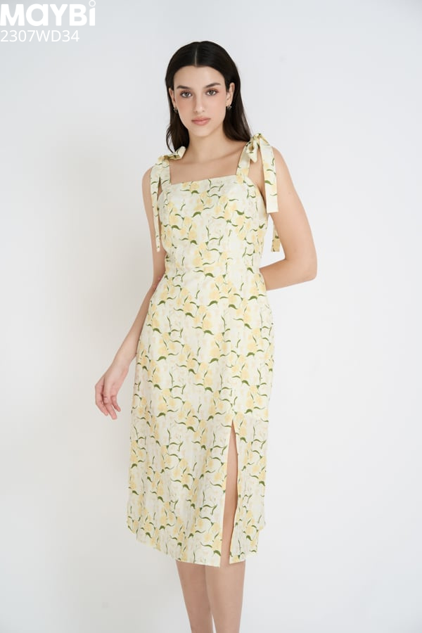 Đầm midi suông lụa cotton in hoa xẻ tà