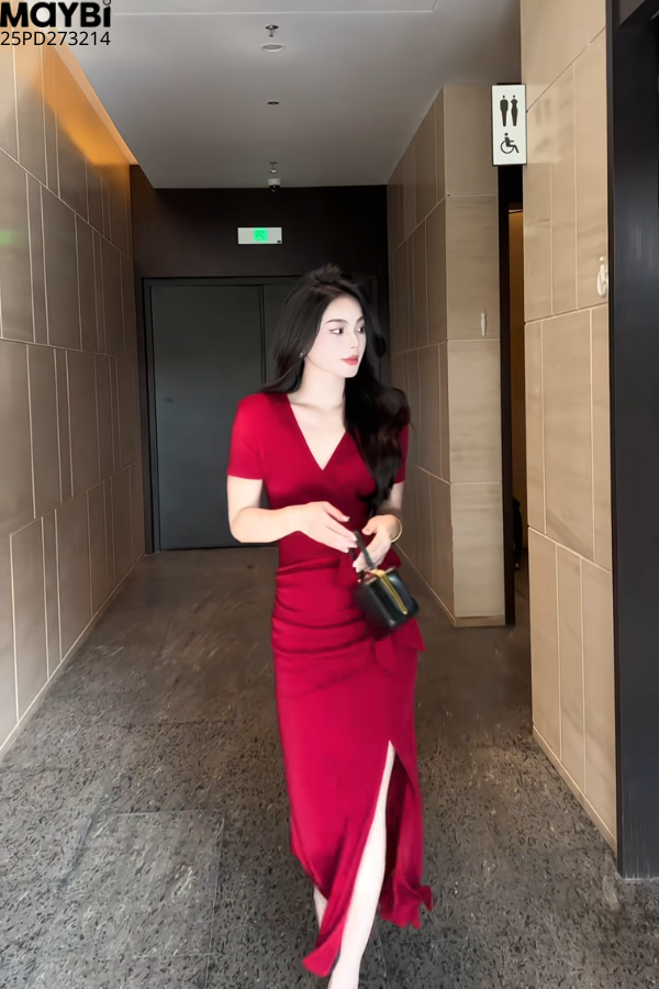 Đầm ôm cổ V thắt nơ eo dáng midi