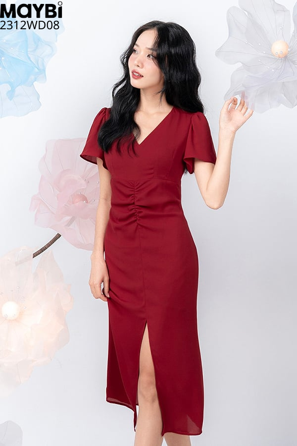 Đầm midi ôm voan cát phối nhún trang trí