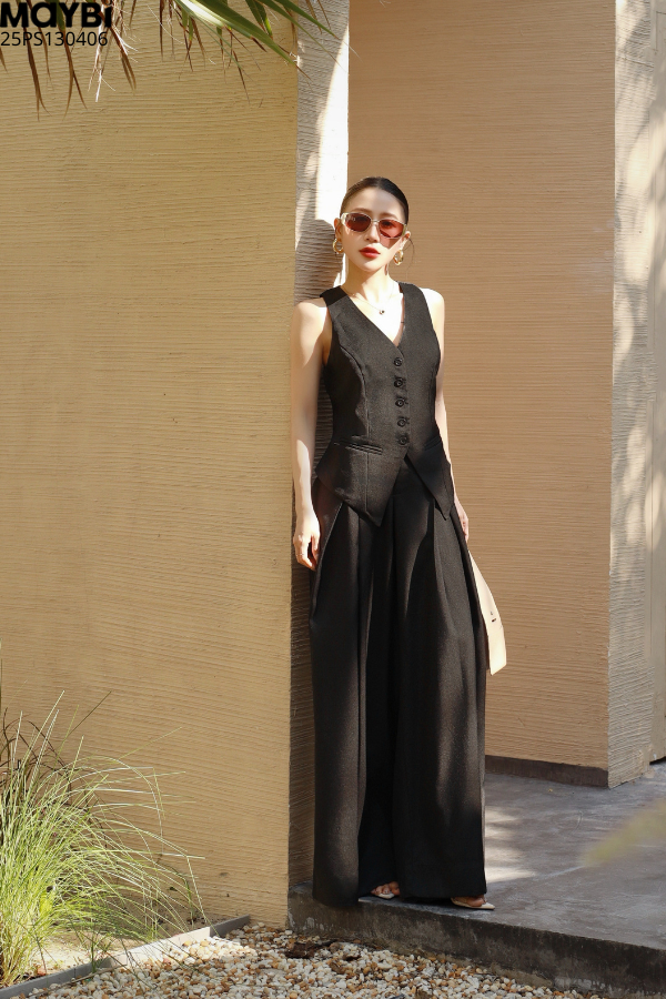 Set áo gile quần culottes xếp ly ống rộng