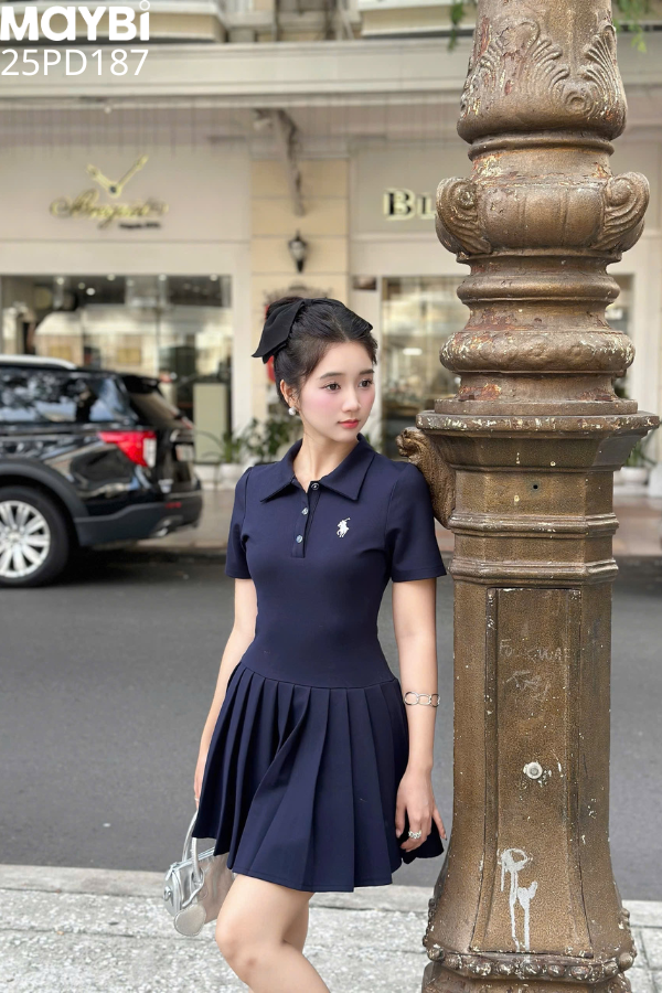 Đầm polo thun tùng xòe xếp ly dáng mini