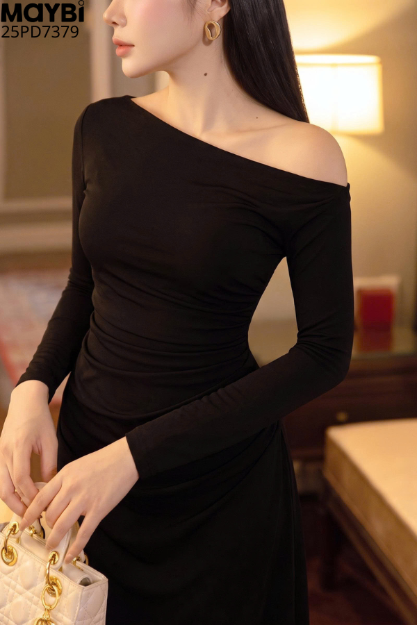 Đầm ôm lệch vai dài tay dáng midi