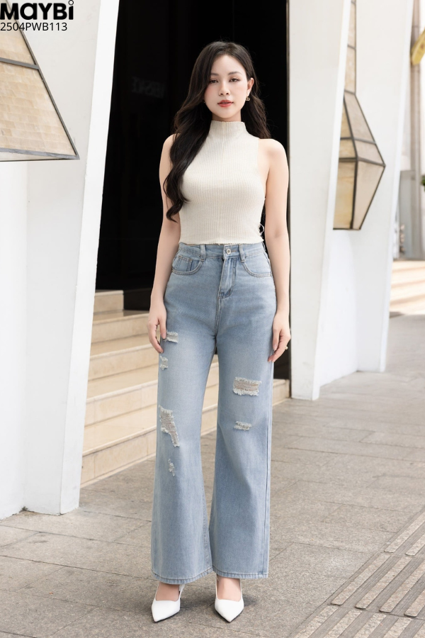 Quần jean ống suông rách kiểu