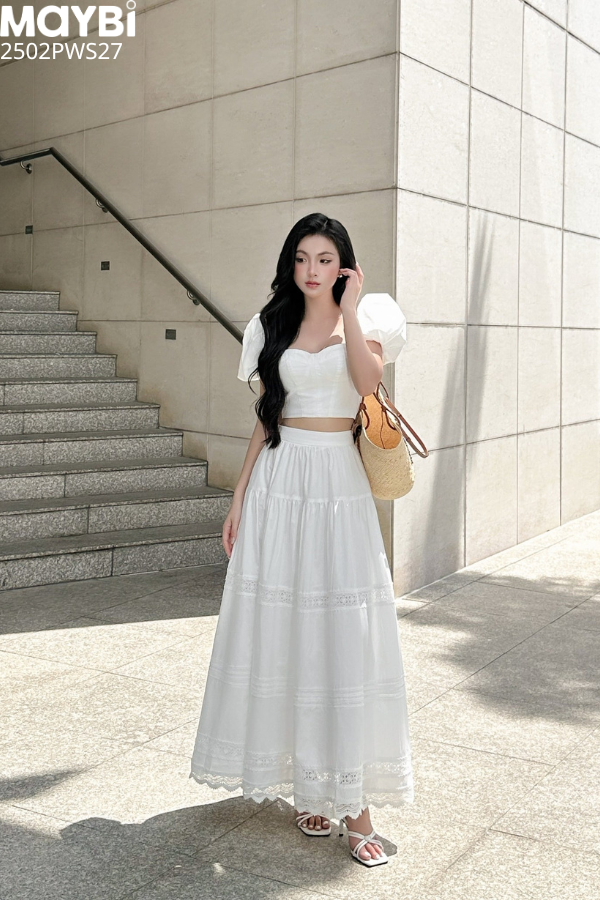 Set áo kiểu chân váy xòe phối ren dáng maxi trắng