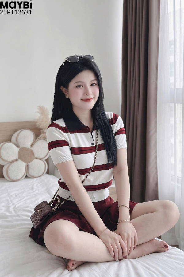 Set áo polo dệt kim chân váy kaki