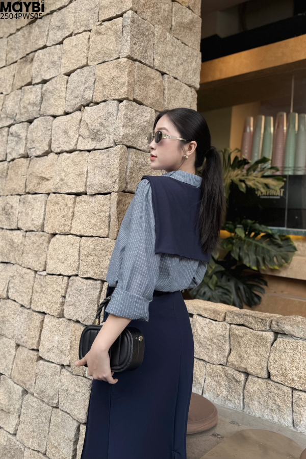 Set áo sơ mi và chân váy suông dáng midi kèm choàng cổ