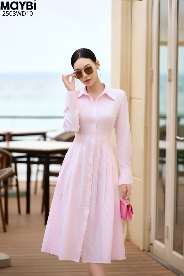 Đầm sơ mi ford sọc dài tay dáng midi