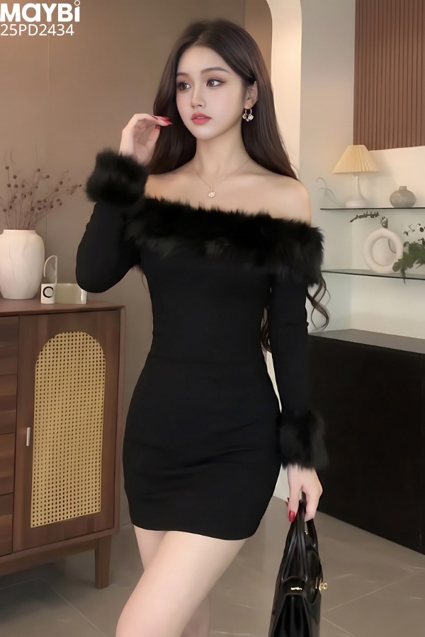 Đầm thun ôm trễ vai phối lông dáng mini