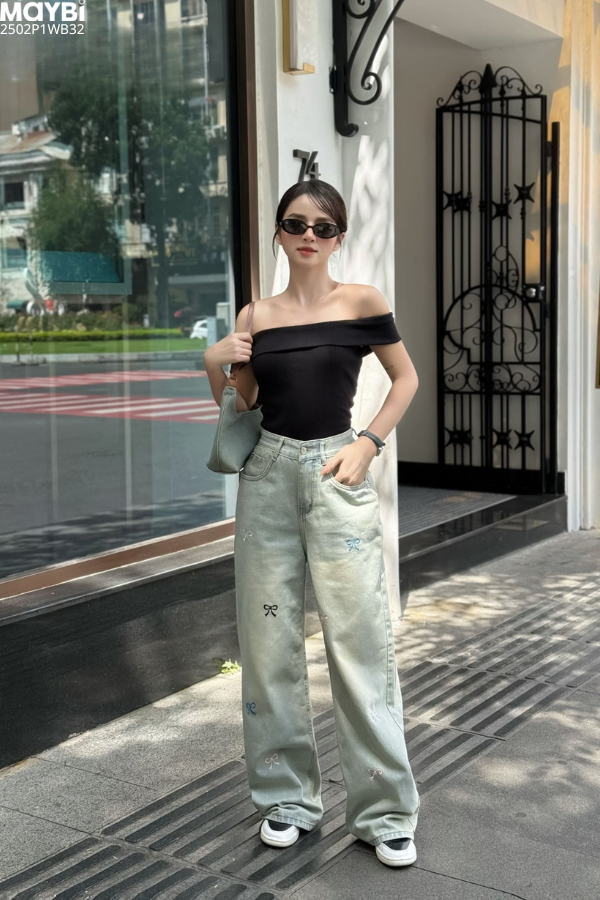 Quần jean ống suông phối nơ trang trí