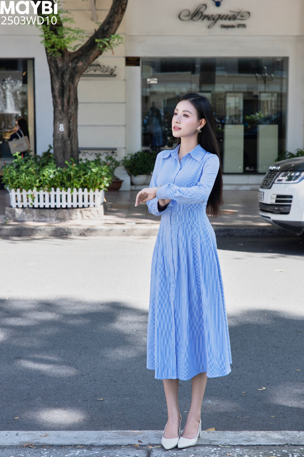 Đầm sơ mi ford sọc dài tay dáng midi
