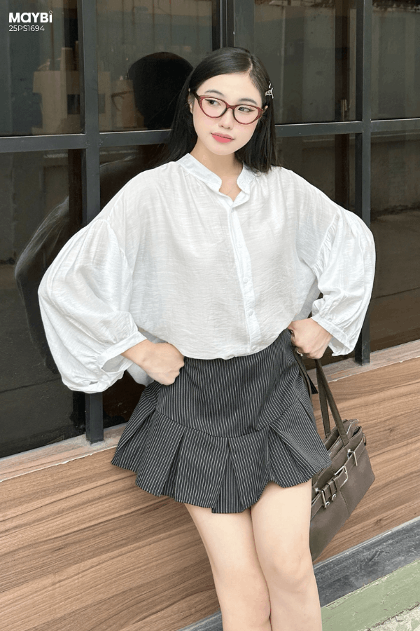 Set Áo sơ mi kiểu tay phồng chân váy xếp ly