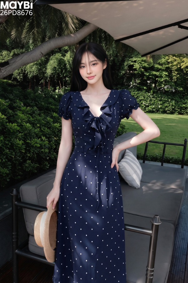 Đầm cổ V tay bo dáng xòe dài