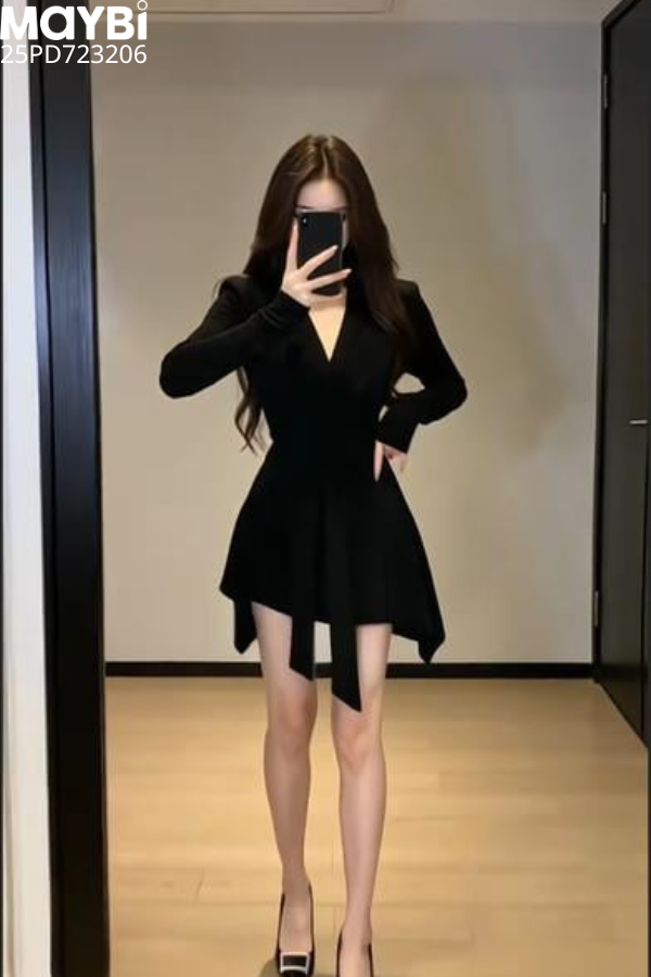 Đầm xòe dài tay buộc nơ eo dáng mini