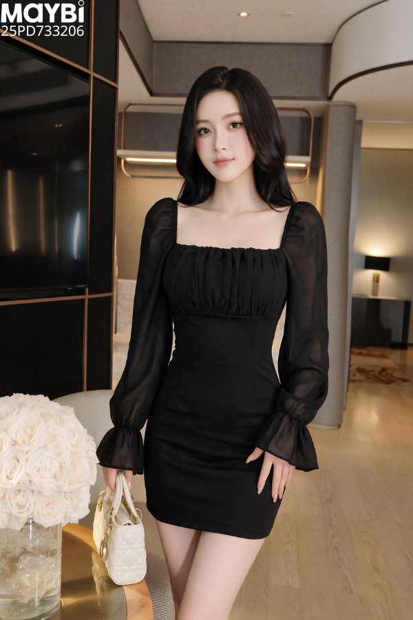 Đầm ôm cổ vuông tay phối voan dáng mini