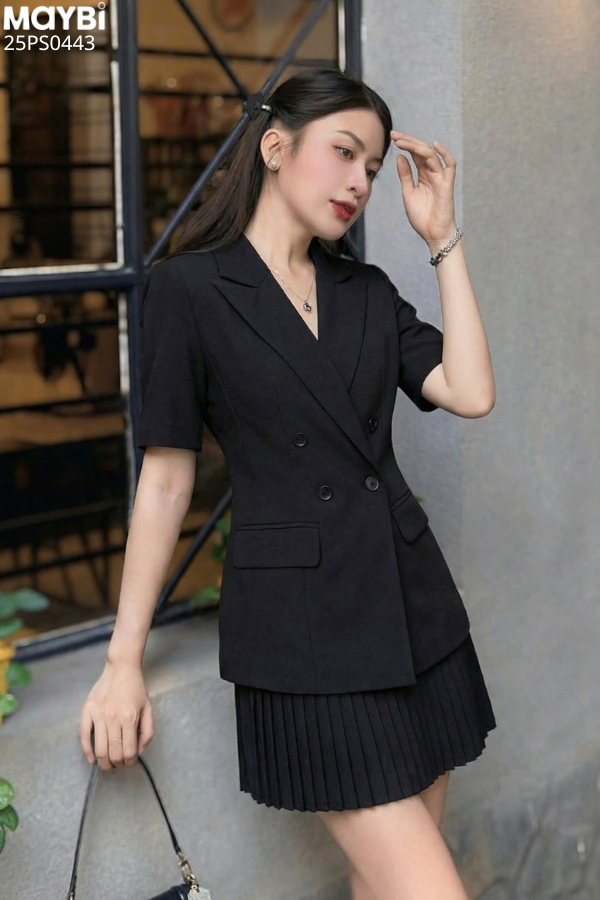 Set áo blazer chân váy xếp ly đen