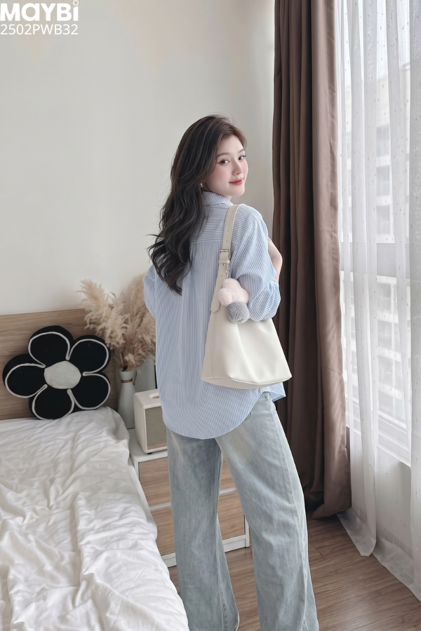 Quần jean ống suông phối nơ trang trí