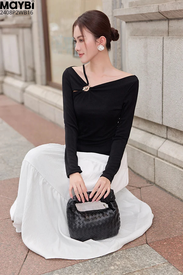 Chân váy xòe nhún tầng midi cotton