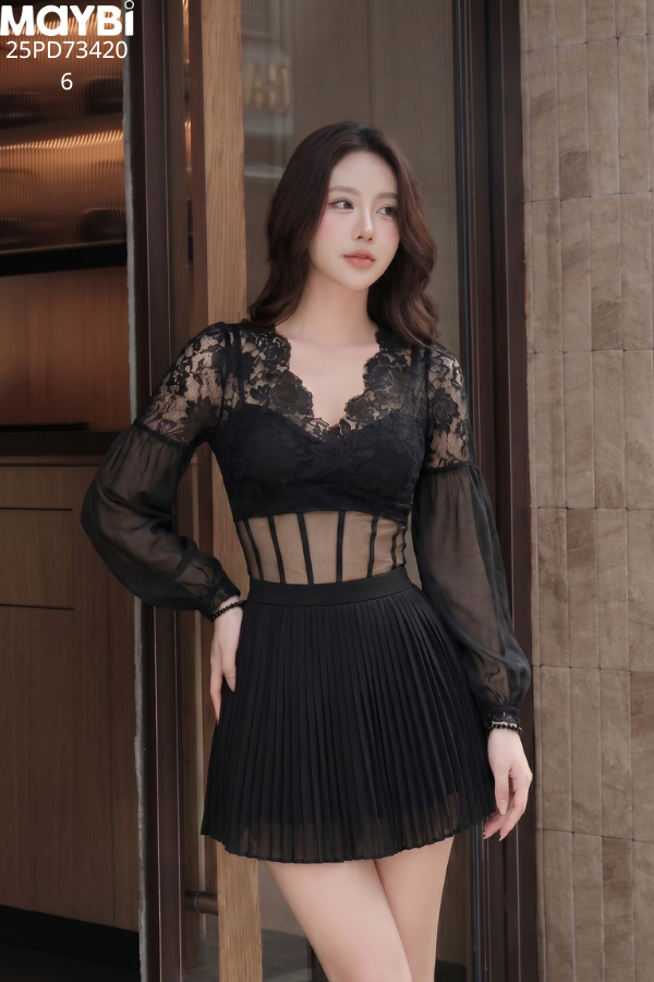 Đầm xòe xếp ly phối ren dáng mini