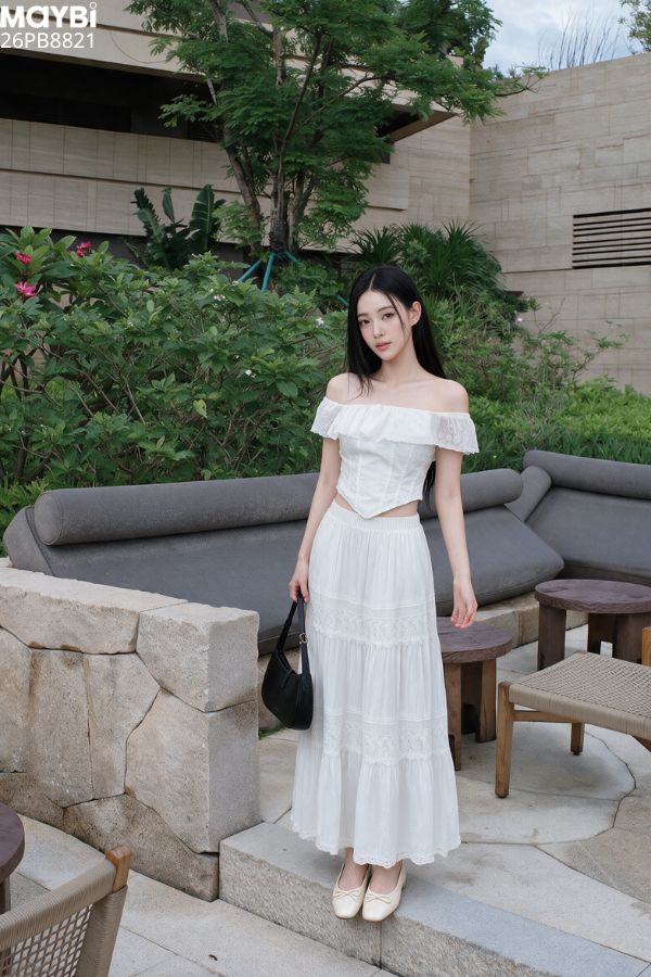 Chân Váy Dáng Dài Cotton Phối Ren Elara