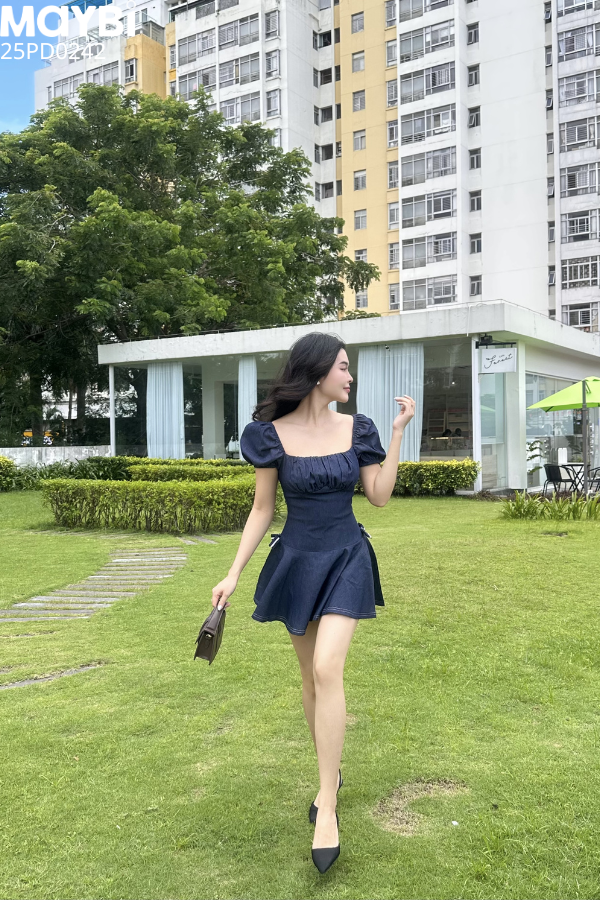 Đầm jean xòe nhún ngực dáng mini