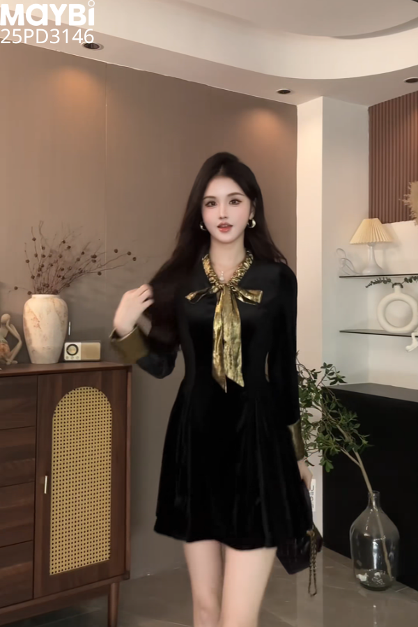 Đầm xòe dài tay cổ thắt nơ dáng mini