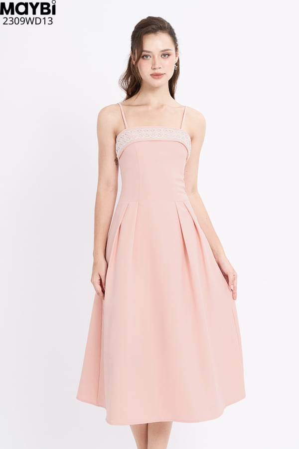 Đầm midi xòe bố len phối ren trắng