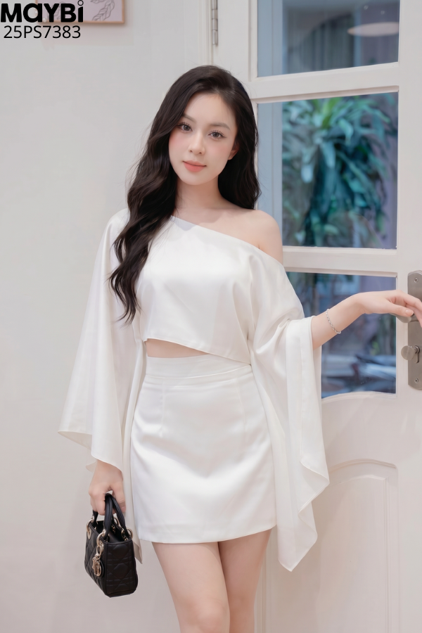 Set áo kiểu lệch vai chân váy A dáng mini