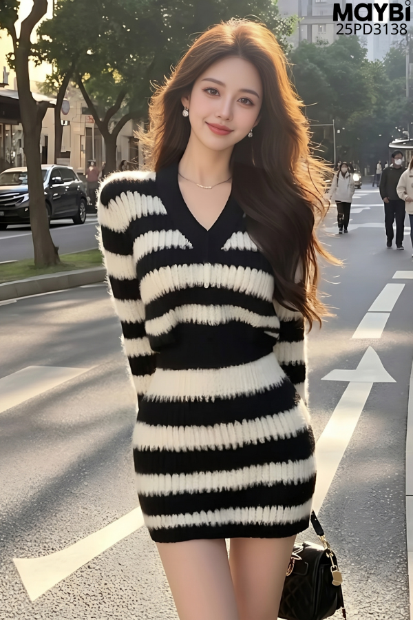 Đầm dệt kim sọc cổ V