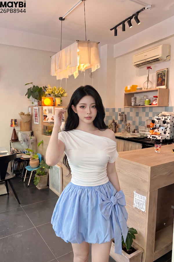 Chân Váy Bí Phồng Nữ Thắt Nơ Hông Lưng Thun