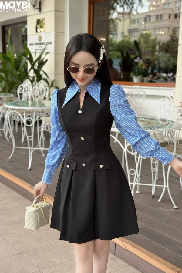 Đầm xòe cotton đen phối cổ sơ mi dáng mini