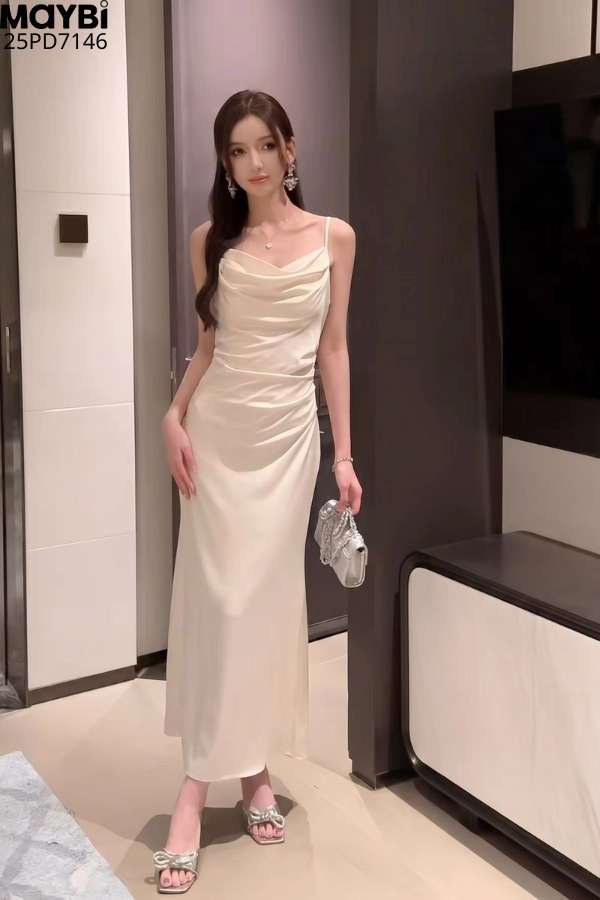 Đầm hai dây cổ đổ dáng midi