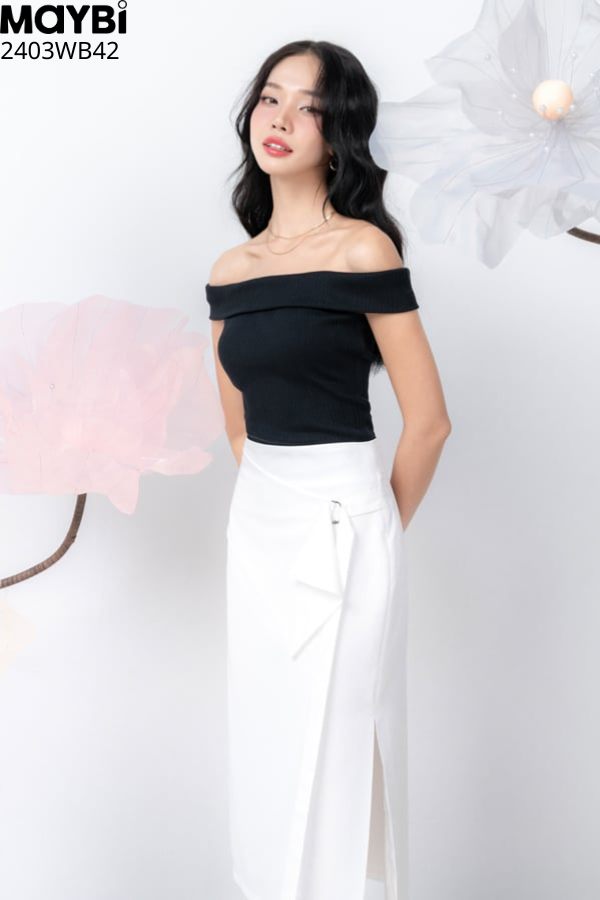 Chân váy midi cotton lạnh phối đắp tà