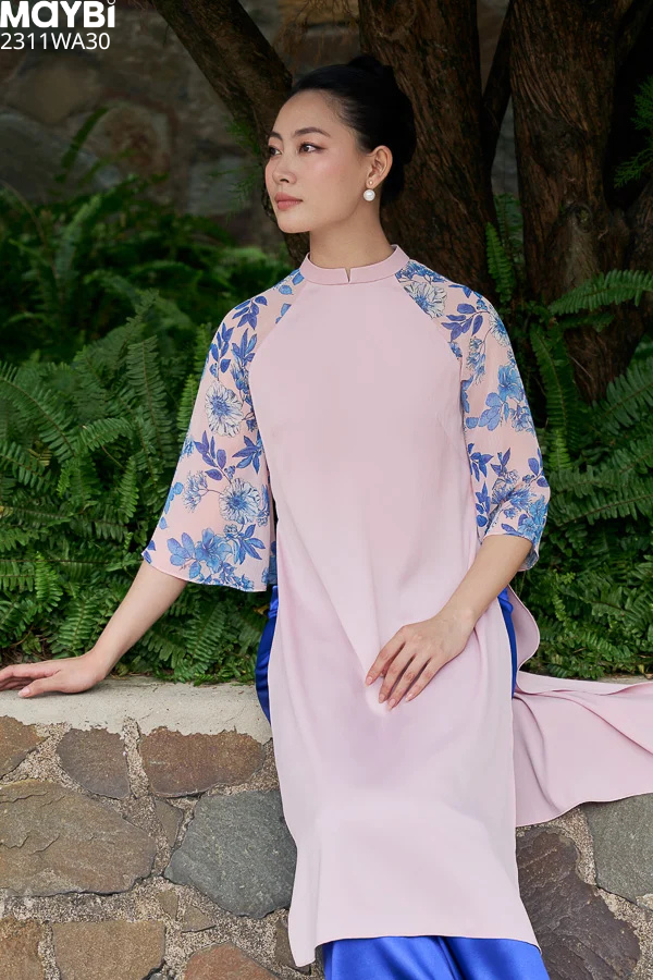 Áo dài suông lụa sóng phối tay voan họa tiết