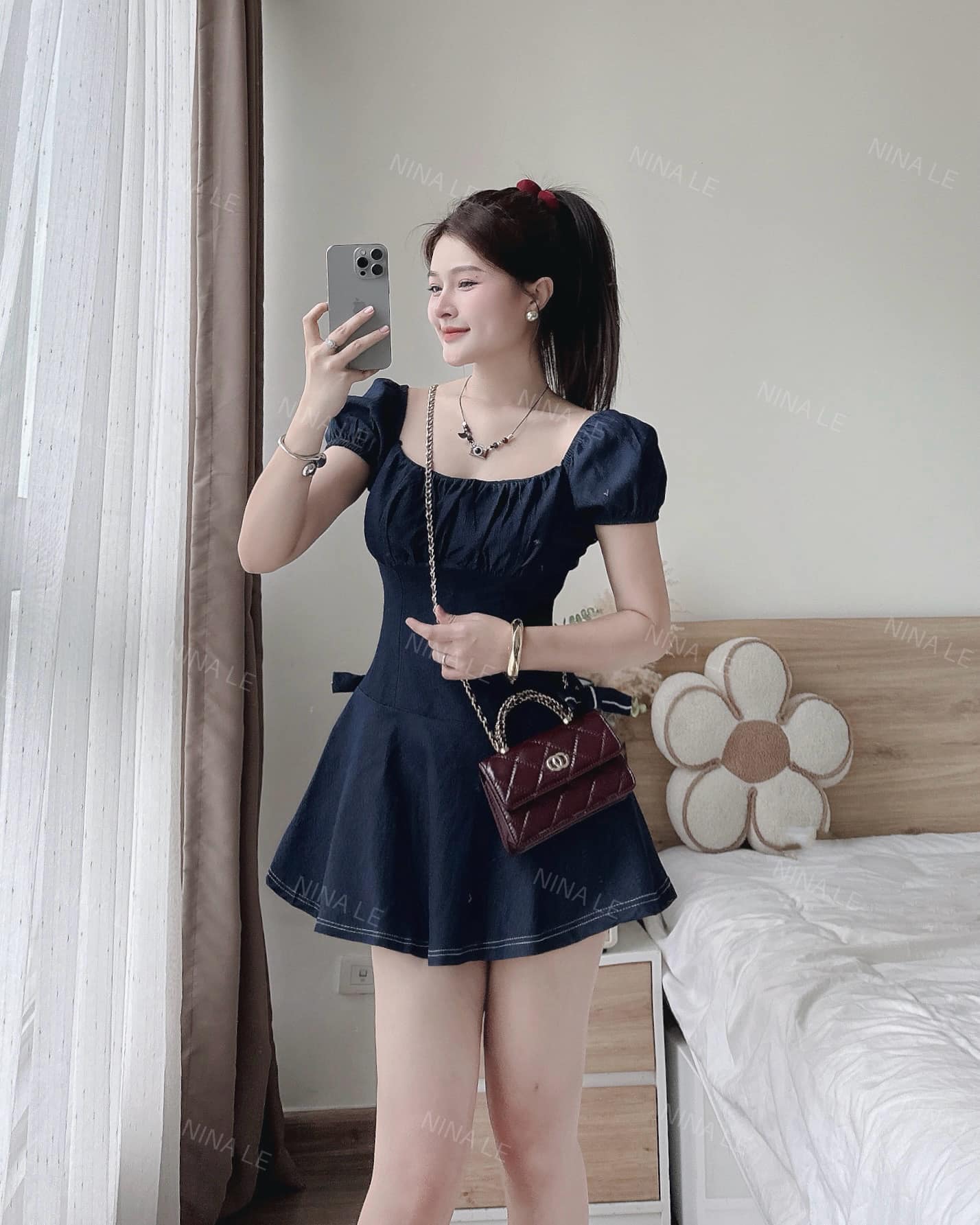 [CÓ SẴN] Đầm jean xòe nhún ngực dáng mini( KHÔNG KÈM QUẦN BẢO HỘ )