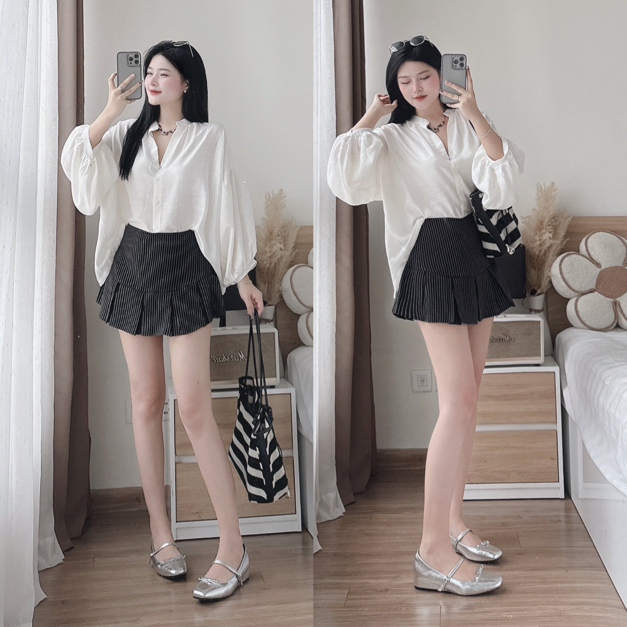 [CÓ SẴN] Set áo sơ mi kiểu tay phồng chân váy xếp ly sọc