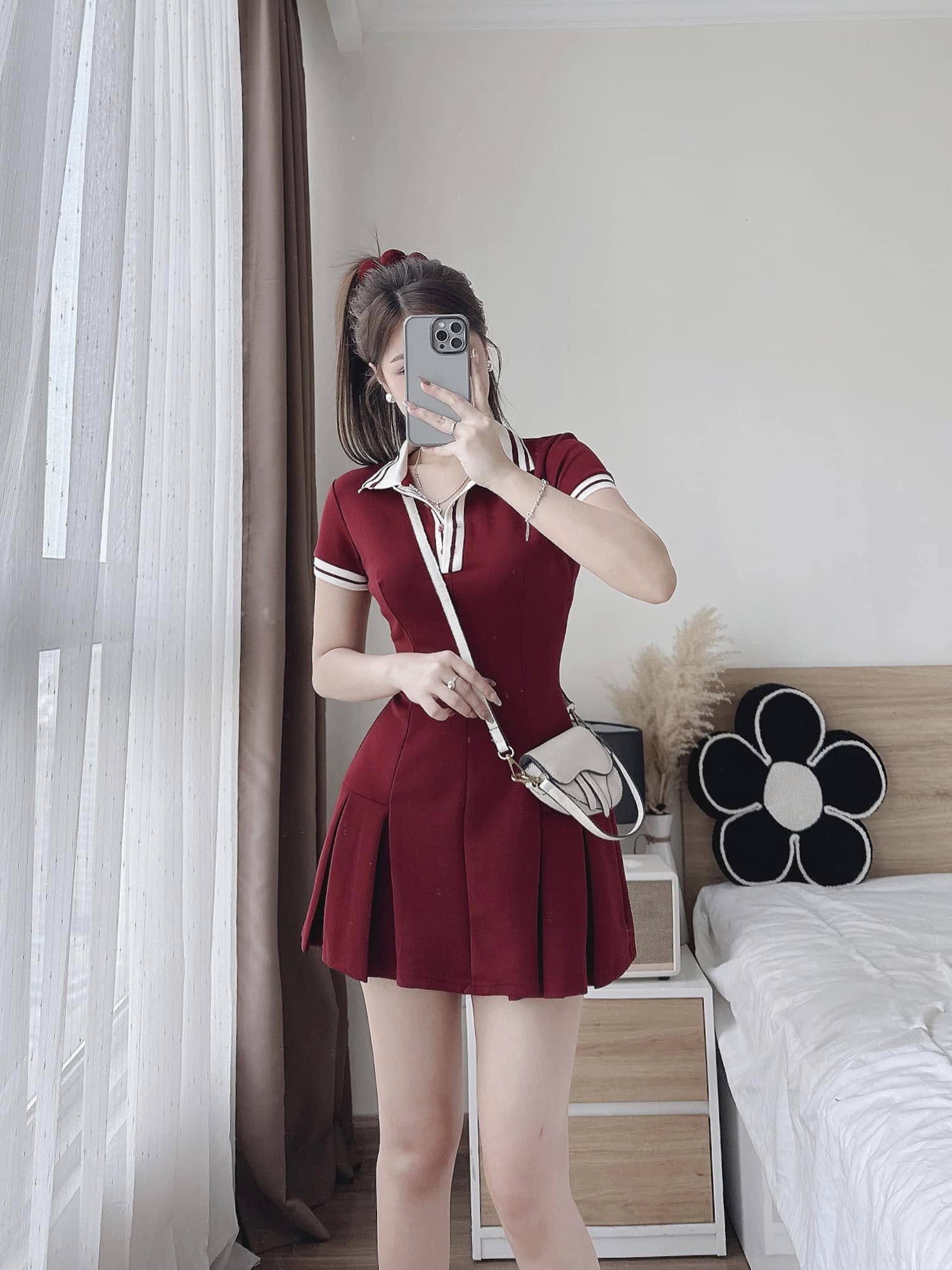 Đầm xòe thun cổ polo dáng mini
