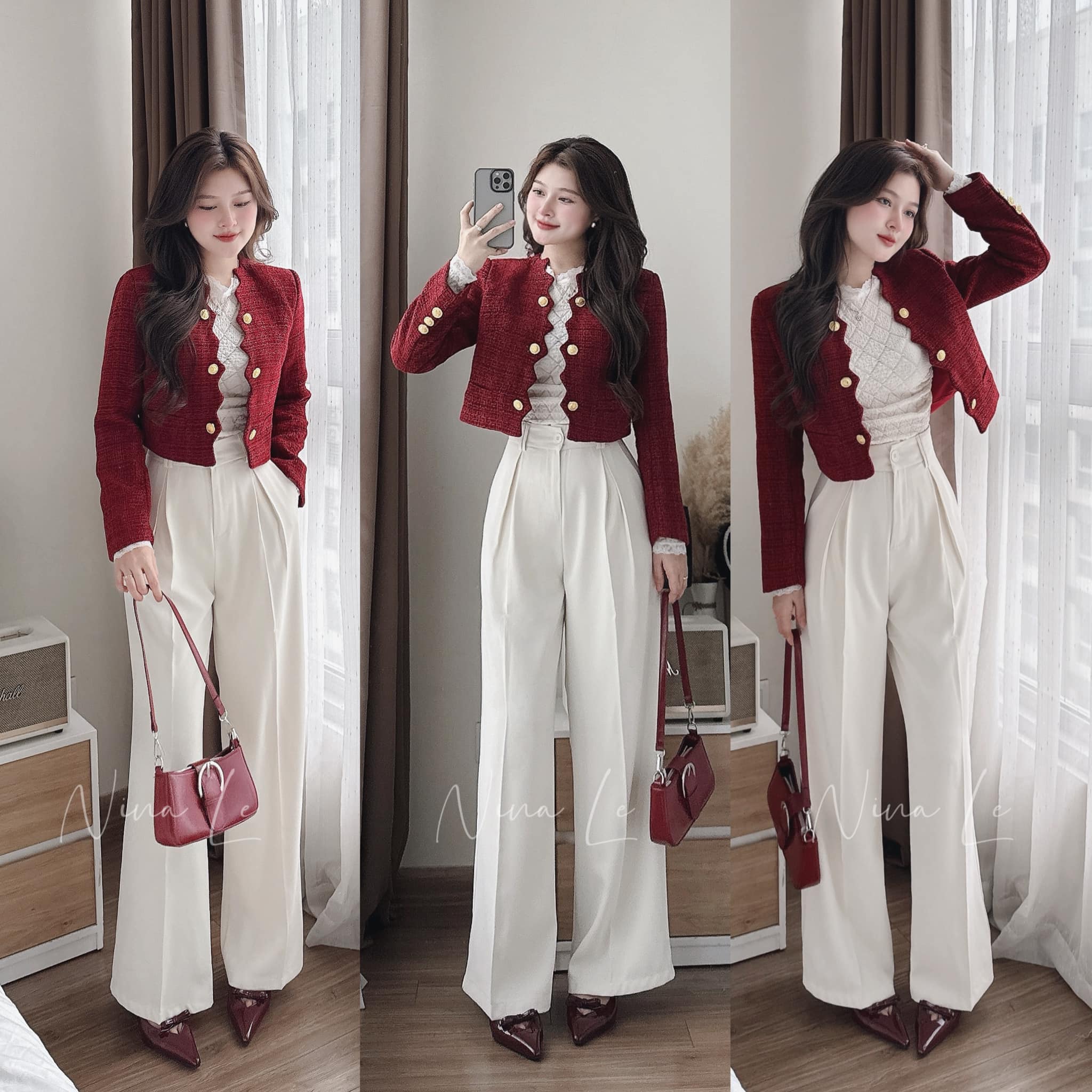 Áo blazer phom rộng tweed đỏ dáng ngắn