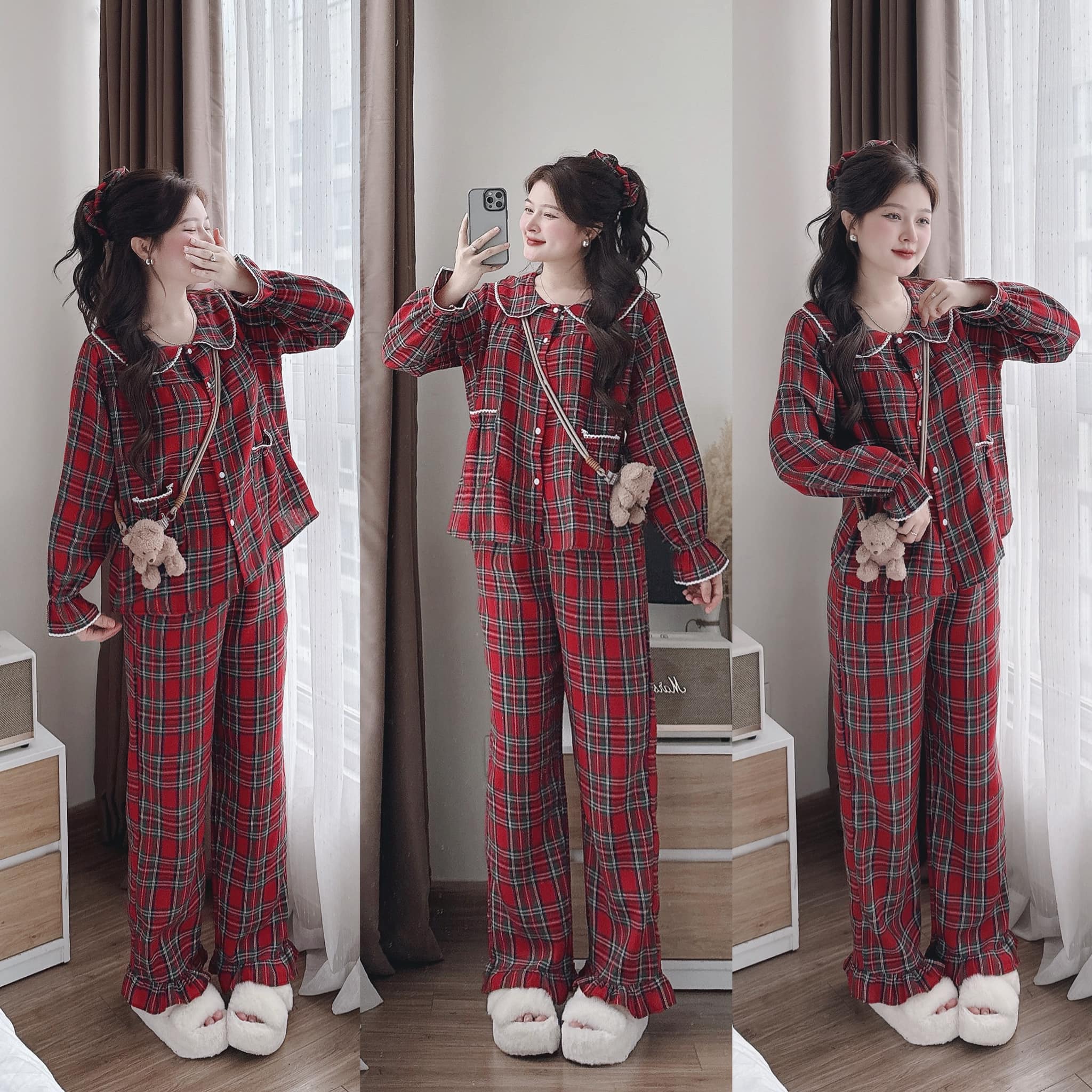 Bộ pijama dài kẻ caro đỏ cổ bèo tay dài