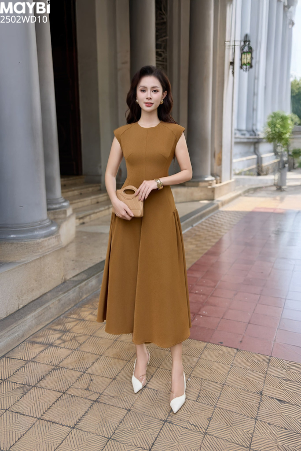 Đầm xòe chéo nhung hàn tùng rã nhún dáng midi